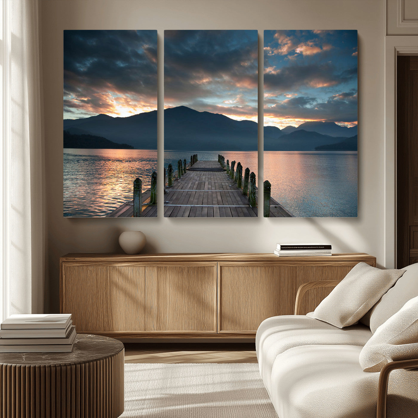20442-MGV-CV-36X24-Lakeside Sunset Dock Wall Art – Peaceful Mountain Lake Canvas Print, Serene Nature Landscape Decor for Living Room, Bedroom or
