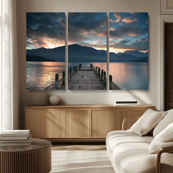 20442-MGV-CV-36X24-Lakeside Sunset Dock Wall Art – Peaceful Mountain Lake Canvas Print, Serene Nature Landscape Decor for Living Room, Bedroom or
