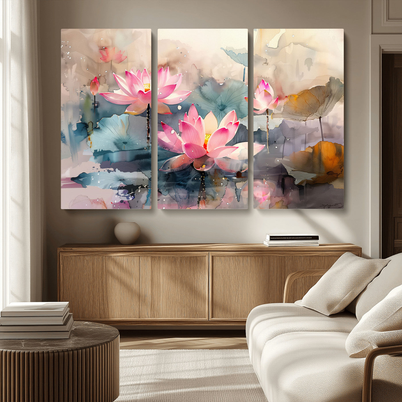 27936-MGV-CV-36X24-Lotus Pond Wall Art – Watercolor Pink Lotus Flowers Canvas Print, Tranquil Botanical Artwork for Bedroom, Living Room or