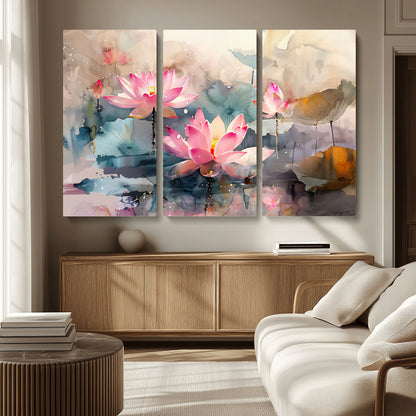 27936-MGV-CV-36X24-Lotus Pond Wall Art – Watercolor Pink Lotus Flowers Canvas Print, Tranquil Botanical Artwork for Bedroom, Living Room or