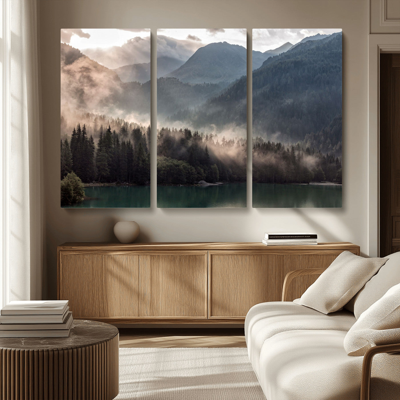 61116-MGV-CV-36X24-Misty Mountain Lake Wall Art – Tranquil Foggy Forest and Lake Canvas Print, Scenic Nature Landscape Decor for Living Room or