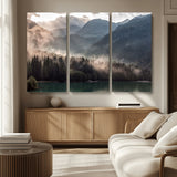 61116-MGV-CV-36X24-Misty Mountain Lake Wall Art – Tranquil Foggy Forest and Lake Canvas Print, Scenic Nature Landscape Decor for Living Room or