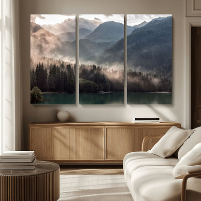 61116-MGV-CV-36X24-Misty Mountain Lake Wall Art – Tranquil Foggy Forest and Lake Canvas Print, Scenic Nature Landscape Decor for Living Room or