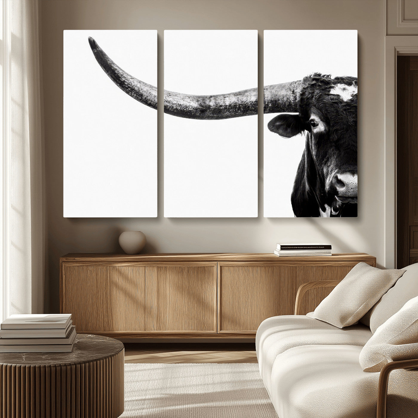 31699-MGV-CV-36X24-Longhorn Wall Art – Black and White Texas Longhorn Cow Canvas Print, Rustic Western Farmhouse Artwork for Living Room, Bedroom or
