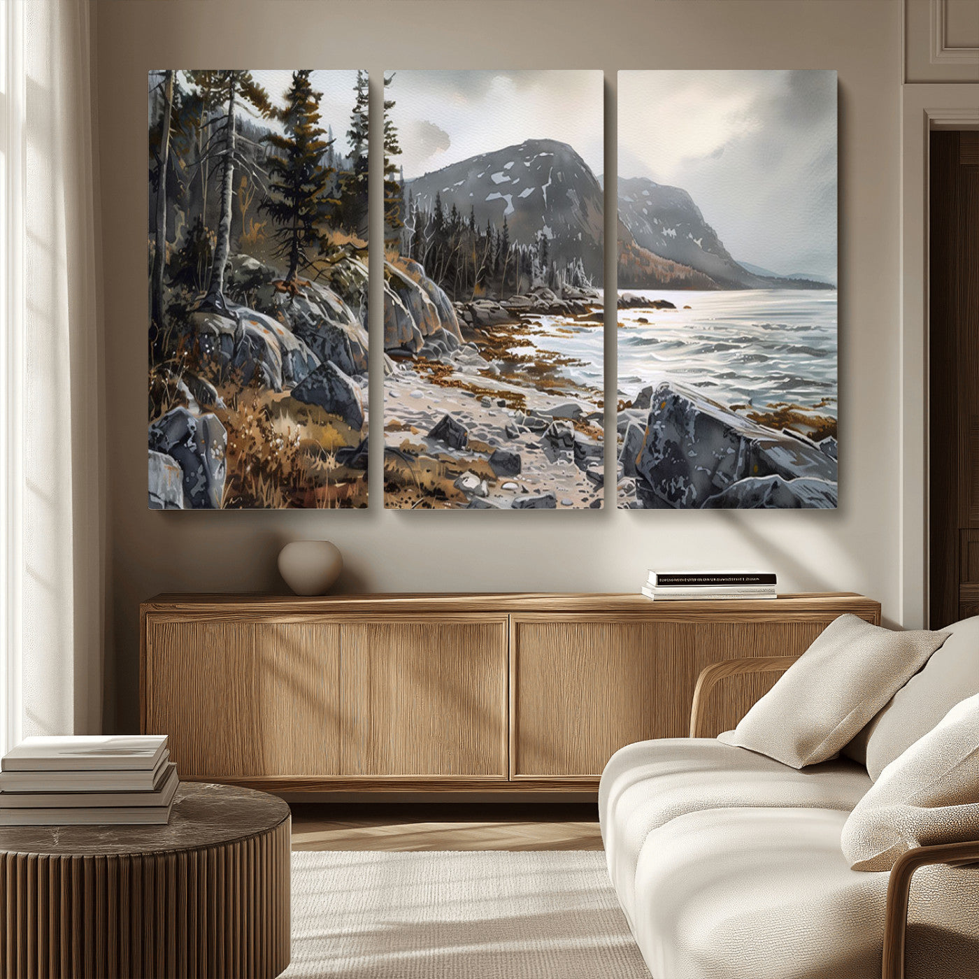 41281-MGV-CV-36X24-Rocky Shoreline Wall Art – Panoramic Mountain Coast and Forest Canvas Print, Rustic Nature Landscape Decor for Cabin, Lodge, or