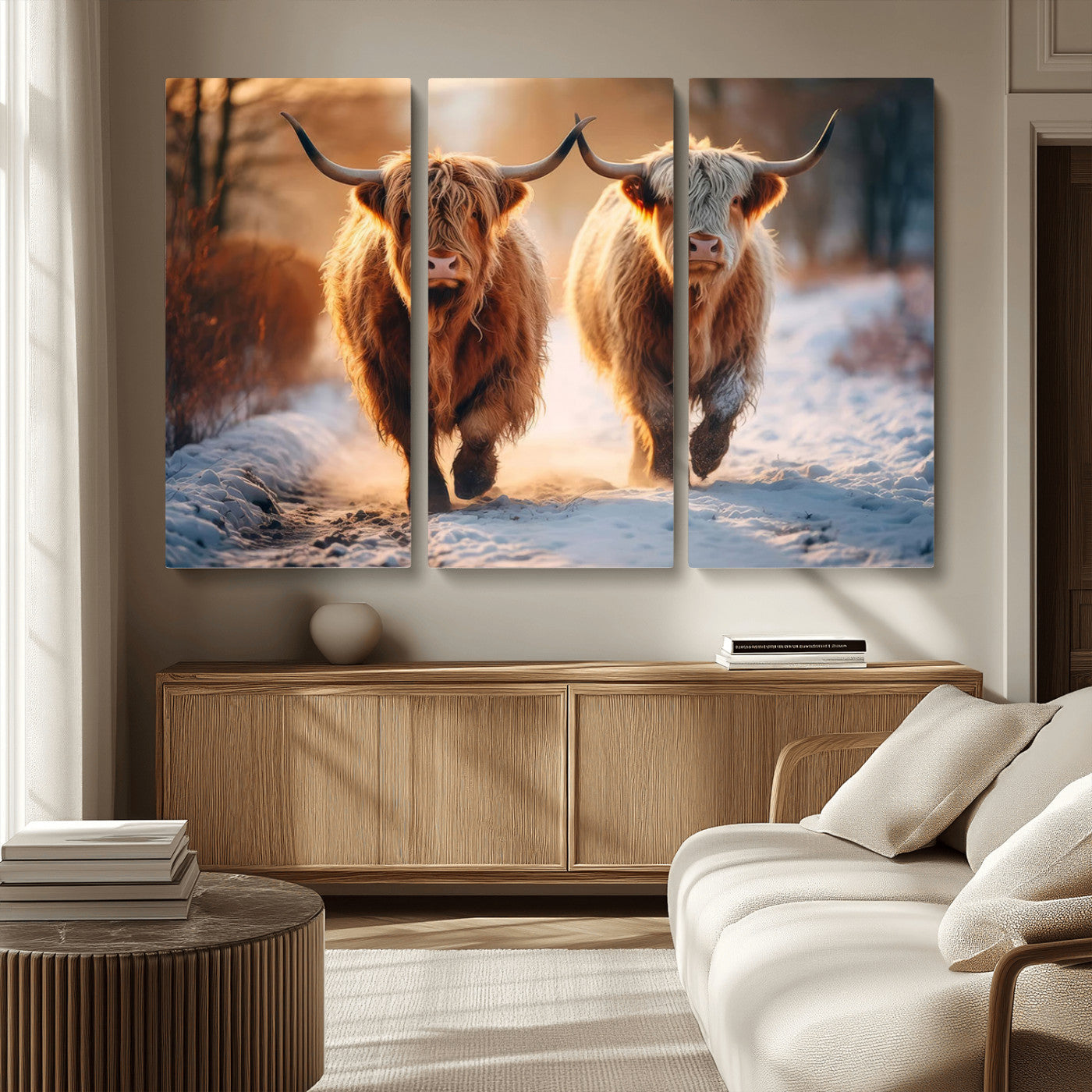 94810-MGV-CV-36X24-Highland Cow Wall Art – Rustic Canvas Print Two Cattle Snow Path Sunset, Farmhouse Country Decor for Living Room, Bedroom, Office,