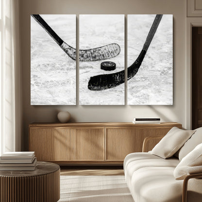 82900-MGV-CV-36X24-Hockey Wall Art – Black and White Canvas Print Ice Rink Sticks Puck Sports Photography, Modern Decor for Game Room, Man Cave,