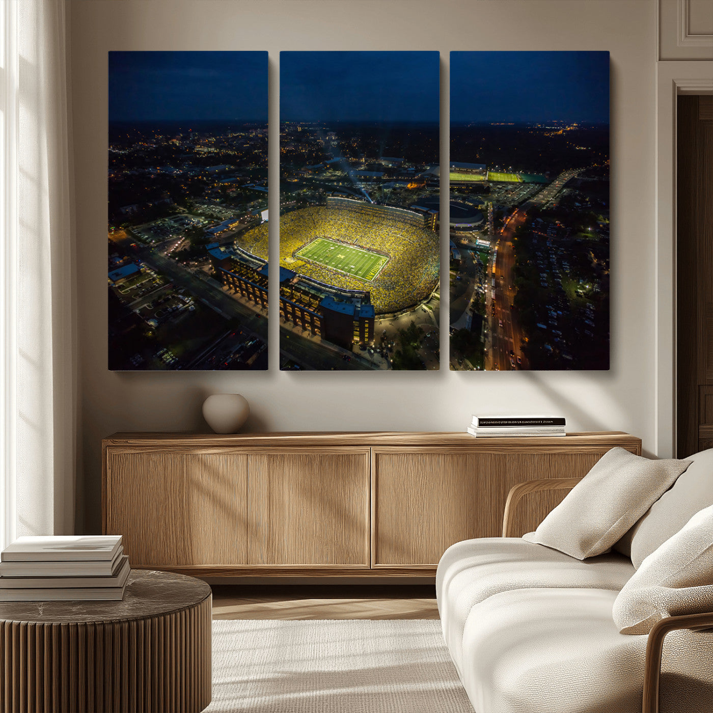 33588-MGV-CV-36X24-Football Stadium Wall Art – Aerial Night Game Canvas Print Packed Field City Lights, Sports Photography Decor for Game Room, Man