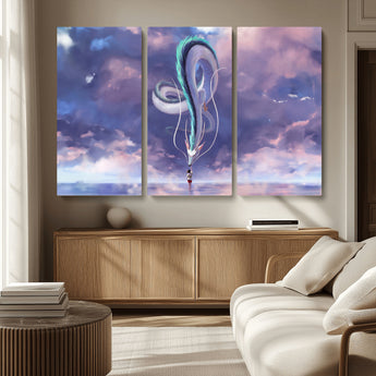 66864-MGV-CV-36X24-Fantasy Dragon Wall Art – Mystical Canvas Print Girl and Sky Serpent Dreamlike Clouds, Magical Anime Inspired Decor for Living