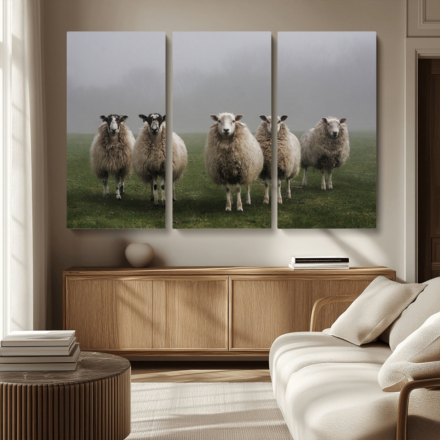 87339-MGV-CV-36X24-Sheep Wall Art – Rustic Farmhouse Canvas Print Flock Standing Misty Field Countryside Photography, Country Animal Decor for Living