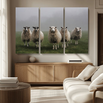 87339-MGV-CV-36X24-Sheep Wall Art – Rustic Farmhouse Canvas Print Flock Standing Misty Field Countryside Photography, Country Animal Decor for Living