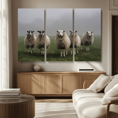 87339-MGV-CV-36X24-Sheep Wall Art – Rustic Farmhouse Canvas Print Flock Standing Misty Field Countryside Photography, Country Animal Decor for Living