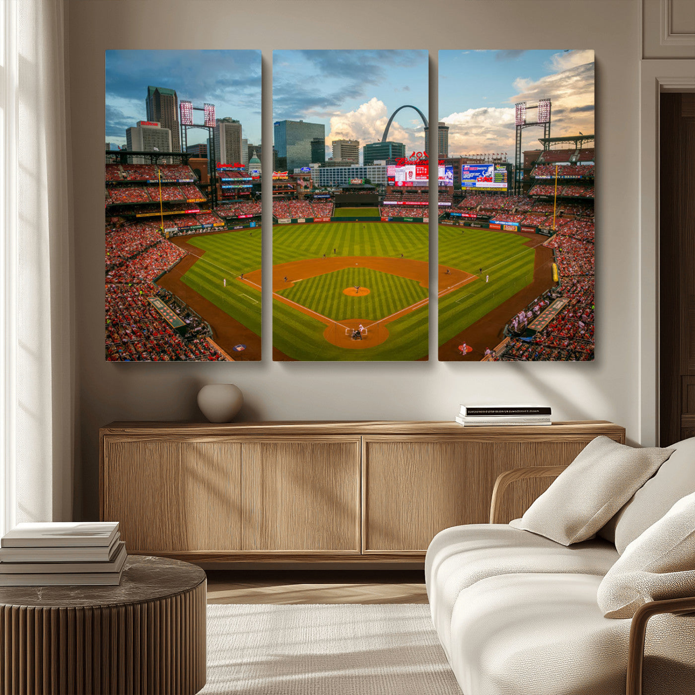 91908-MGV-CV-36X24-Baseball Stadium Wall Art – Canvas Print Game Day Field City Skyline Iconic Arch Scene Sports Photography, Decor for Game Room,