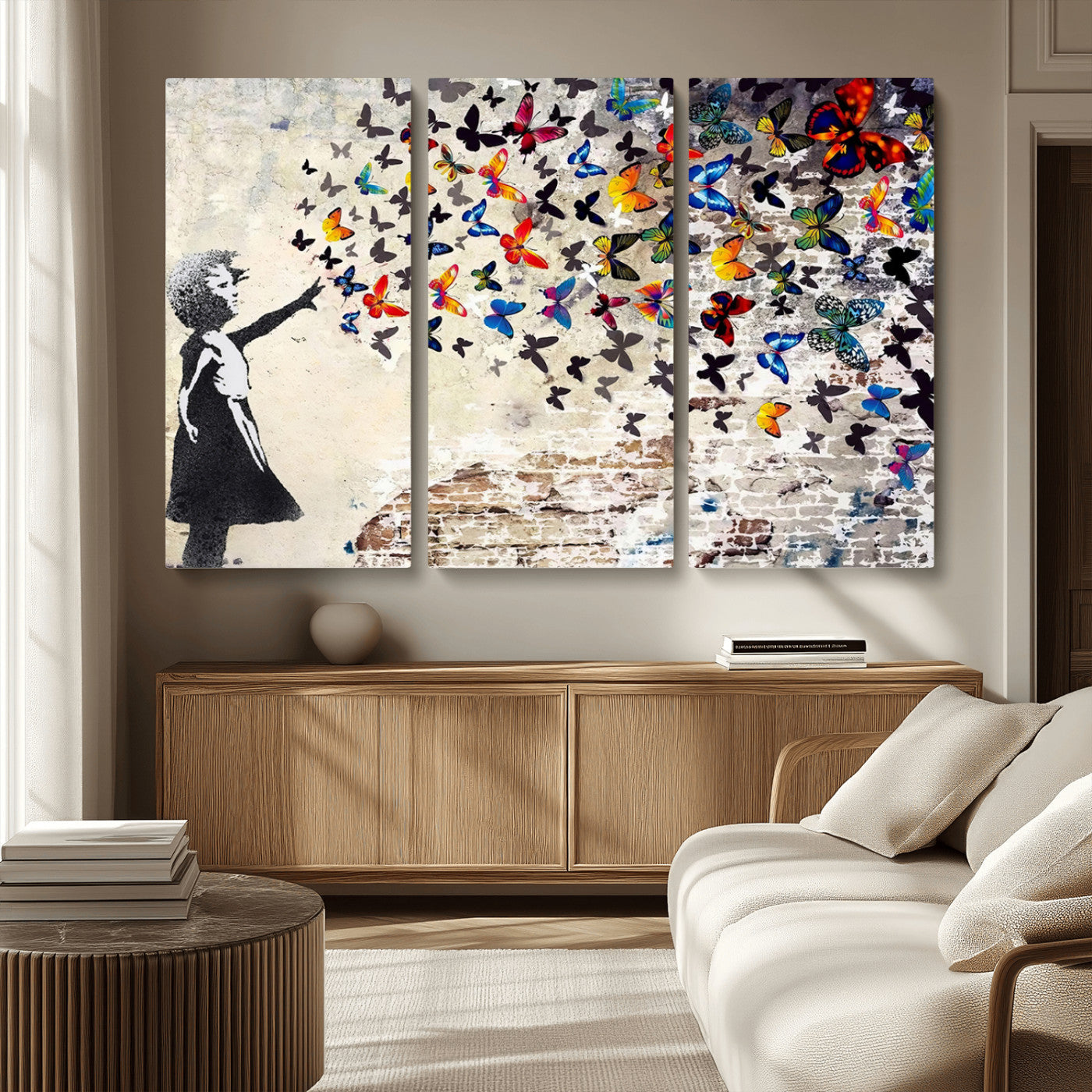 97895-MGV-CV-36X24-Girl with Butterflies Wall Art – Colorful Street Art Style Canvas Print, Modern Graffiti-Inspired Butterfly Artwork for Living