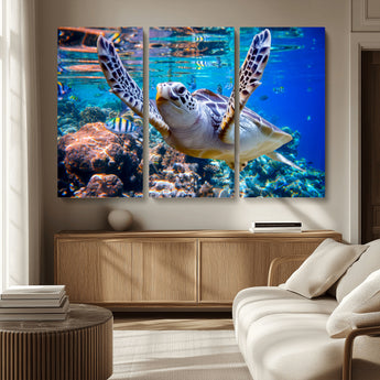 12683-MGV-CV-36X24-Sea Turtle Wall Art – Graceful Ocean Canvas Print with Coral Reef and Tropical Fish, Coastal Marine Life Decor for Beach House,