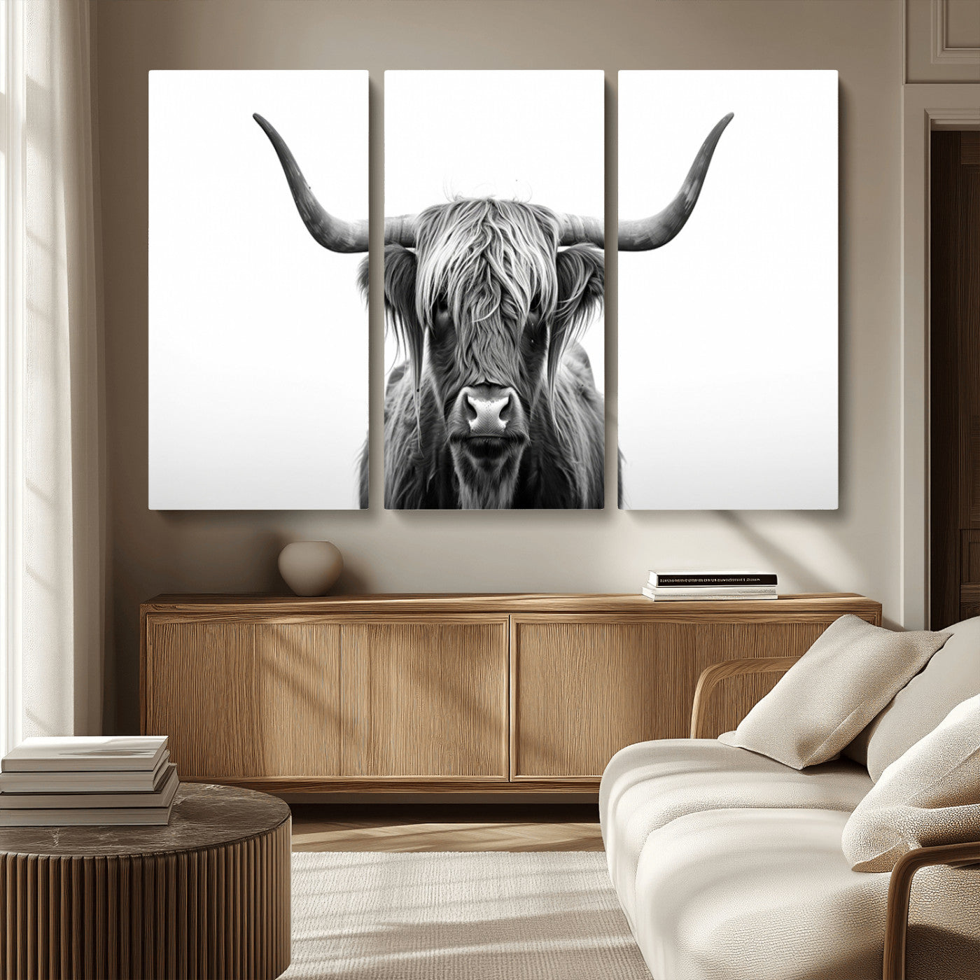 49556-MGV-CV-36X24-Highland Cow Wall Art – Black and White Scottish Highland Cattle Print, Rustic Farmhouse Minimalist Animal Portrait Canvas for