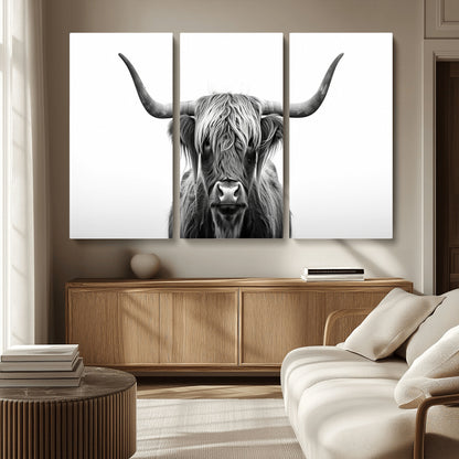 49556-MGV-CV-36X24-Highland Cow Wall Art – Black and White Scottish Highland Cattle Print, Rustic Farmhouse Minimalist Animal Portrait Canvas for