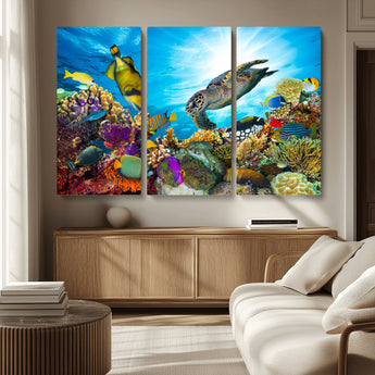 44772-MGV-CV-36X24-Underwater Sea Turtle Wall Art – Vibrant Coral Reef and Tropical Fish Canvas Print, Ocean Marine Life Decor for Living Room,