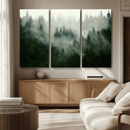 167720496-MGV-CV-36X24-Misty Forest Wall Art – Serene Evergreen Trees Canvas Print, Foggy Mountain Nature Landscape Decor for Bedroom, Living Room or