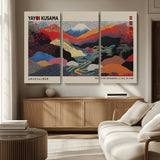 49228-MGV-FC-93X47-3P_Black-Kusama Wall Art – Vibrant Japanese Landscape Canvas Print, Modern Abstract Mountain and River Decor for Living Room, Office or Art