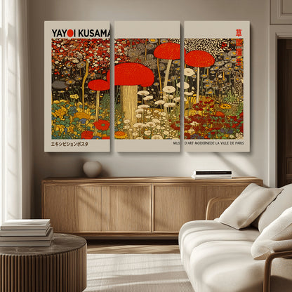 38013-MGV-CV-36X24-Yayoi Kusama Inspired Mushroom Garden Wall Art – Whimsical Botanical Canvas Print, Surreal Nature Poster, Fantasy Floral Artwork