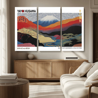 14839-MGV-CV-36X24-Yayoi Kusama Wall Art – Panoramic Mountain & River Canvas Print, Modern Abstract Japanese Landscape Decor for Living Room or