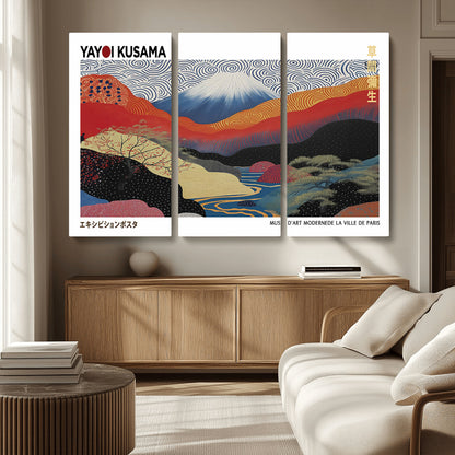 14839-MGV-CV-36X24-Yayoi Kusama Wall Art – Panoramic Mountain & River Canvas Print, Modern Abstract Japanese Landscape Decor for Living Room or