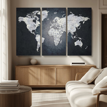 19124-MGV-CV-36X24-Modern World Map Wall Art – Black and White Canvas Print, Minimalist Global Map Decor for Office, Study, Bedroom or Living Room