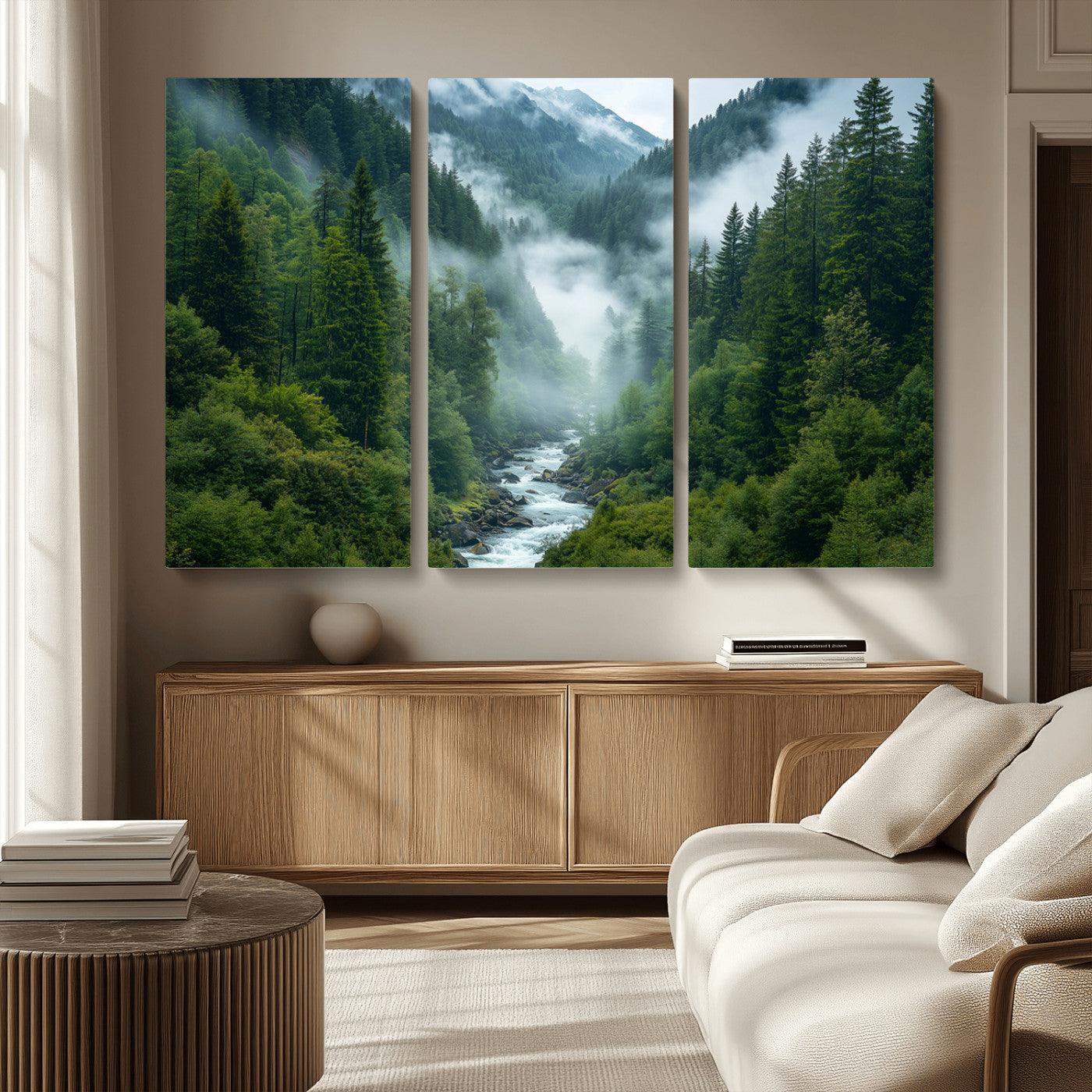 69453-MGV-CV-36X24-Mountain Forest Wall Art – Misty River and Evergreen Landscape Canvas Print, Nature Photography Poster for Living Room, Bedroom,