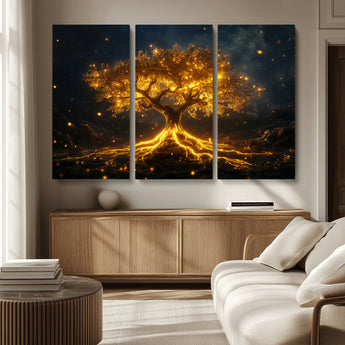 60194-MGV-CV-36X24-Glowing Tree Wall Art – Golden Roots Fantasy Canvas Print, Mystical Illuminated Tree Painting Poster for Living Room, Bedroom,