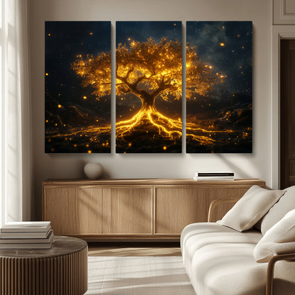 60194-MGV-CV-36X24-Glowing Tree Wall Art – Golden Roots Fantasy Canvas Print, Mystical Illuminated Tree Painting Poster for Living Room, Bedroom,