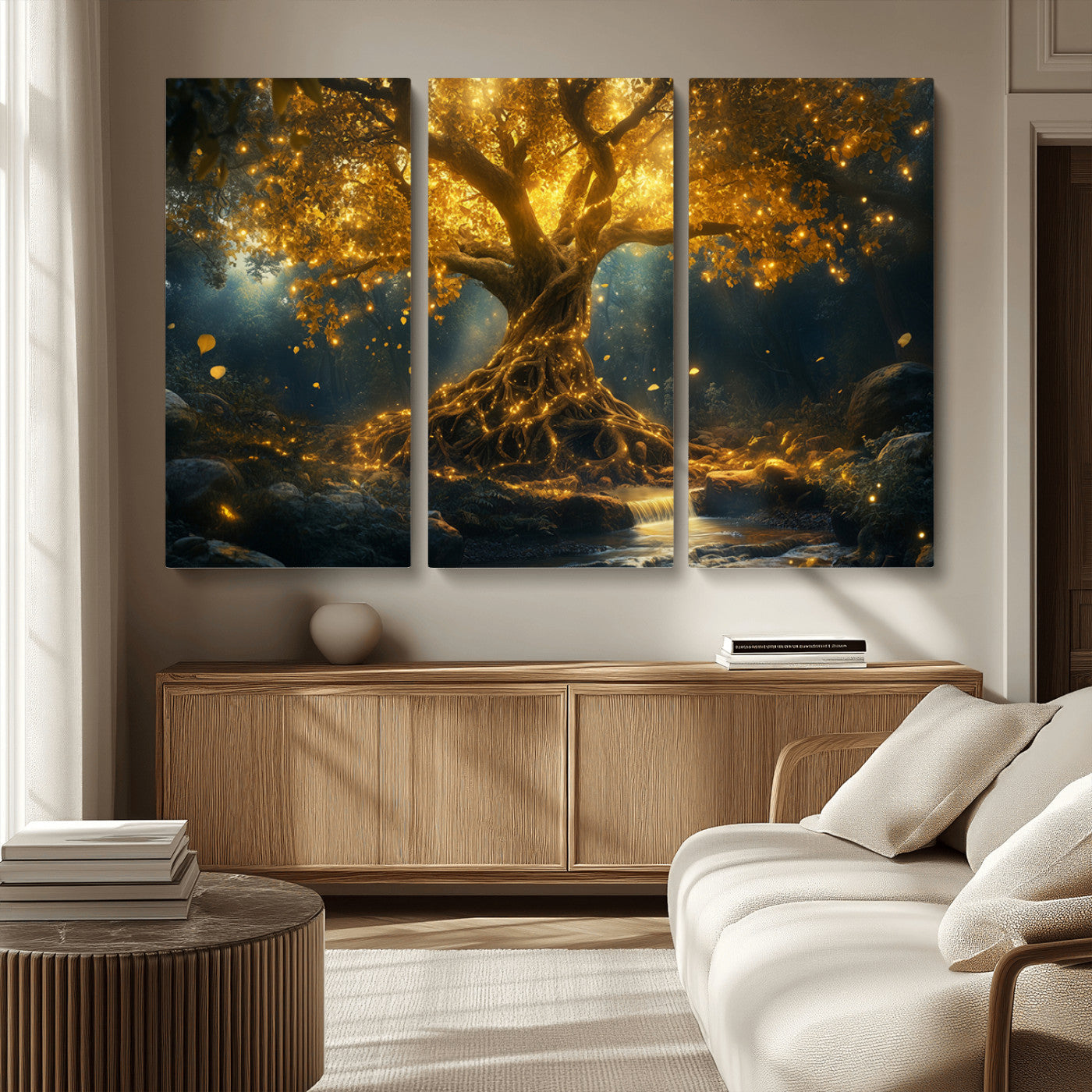 92739-MGV-CV-36X24-Glowing Tree Wall Art – Enchanted Golden Forest Canvas Print, Mystical Illuminated Nature Painting Poster for Living Room,
