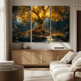 92739-MGV-CV-36X24-Glowing Tree Wall Art – Enchanted Golden Forest Canvas Print, Mystical Illuminated Nature Painting Poster for Living Room,