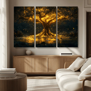59580-MGV-CV-48X32-3P-Glowing Tree Wall Art – Golden Fantasy Nature Canvas Print, Mystical Illuminated Tree Painting Poster for Living Room, Bedroom,