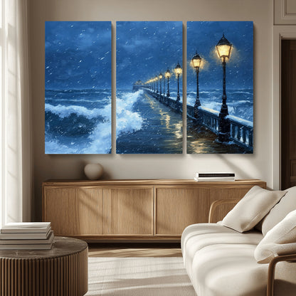 32668-MGV-CV-36X24-Stormy Pier Wall Art – Ocean Waves and Street Lamps Canvas Print, Rainy Night Seascape Oil Painting Poster for Living Room,