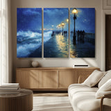 94571-MGV-CV-36X24-Seaside Night Wall Art – Ocean Waves and Street Lamps Canvas Print, Rainy City Pier Oil Painting Poster for Living Room, Bedroom,