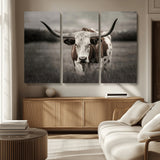 69238-MGV-CV-36X24-Longhorn Bull Wall Art – Rustic Black and White Texas Cattle Canvas Print, Western Farmhouse Animal Photography for Living Room,