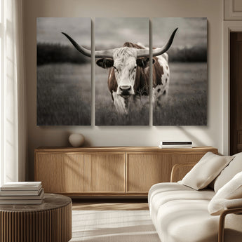 69238-MGV-CV-36X24-Longhorn Bull Wall Art – Rustic Black and White Texas Cattle Canvas Print, Western Farmhouse Animal Photography for Living Room,