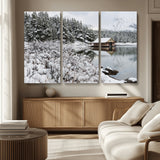 94285-MGV-CV-36X24-Snowy Cabin Wall Art Canvas Print, Framed Winter Cabin Art Picture Print, Mountain Lake Perfect Snowy Nature Decor Artwork