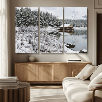 94285-MGV-CV-36X24-Snowy Cabin Wall Art Canvas Print, Framed Winter Cabin Art Picture Print, Mountain Lake Perfect Snowy Nature Decor Artwork