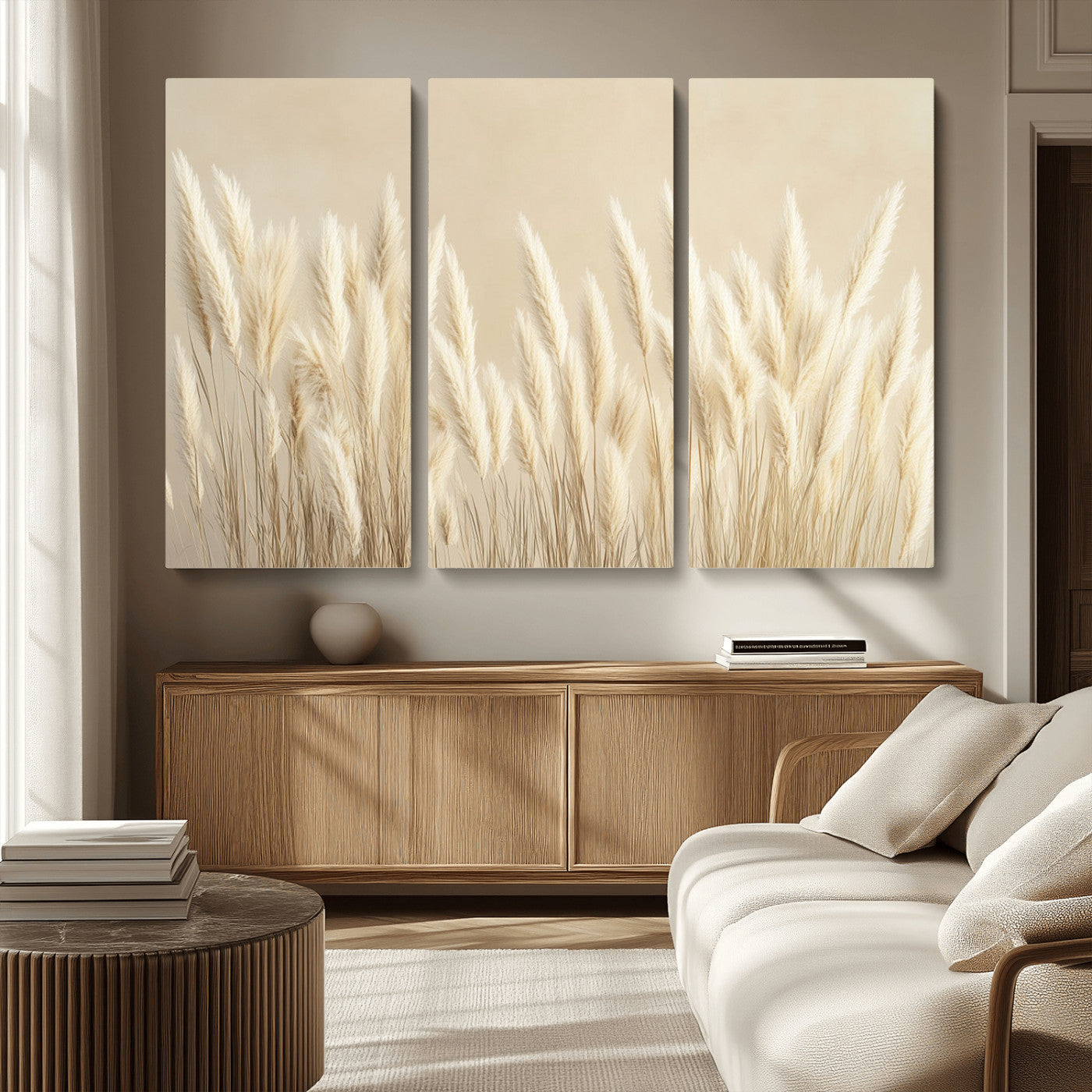 81444-MGV-CV-36X24-Pampas Grass Wall Art Canvas Print, Framed Beige Pampas Grass Art Picture Print, Minimalist Beige Perfect Minimalist Nature Decor