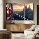 84029-MGV-CV-36X24-Fantasy Castle Wall Art – Magical Train Sunset Forest Canvas Print, Enchanted Landscape Painting Poster for Living Room, Bedroom,