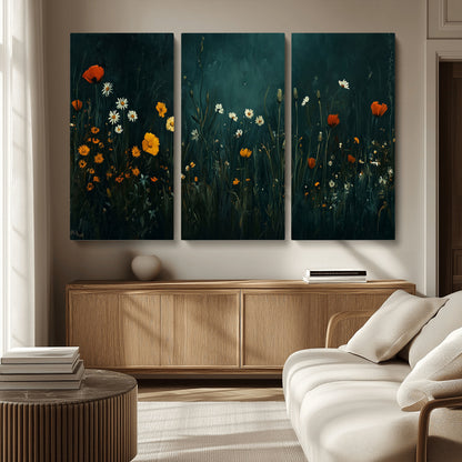 87037-MGV-CV-36X24-Wildflower Wall Art – Dark Botanical Floral Canvas Print, Modern Nature Painting Poster with Daisies Poppies Orange Flowers for