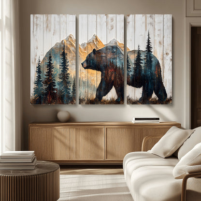 90077-MGV-CV-36X24-Wood Grizzly Bear Wall Art Canvas Print, Framed Abstract Bear Art Picture Print, Bear in Forest Perfect Rustic Lodge Decor Artwork