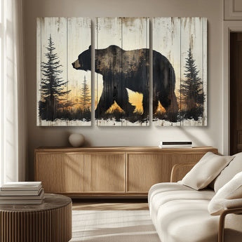83875-MGV-CV-36X24-Sunset Bear Wall Art – Rustic Wildlife Canvas Print with Forest Silhouette, Cabin Lodge Decor for Living Room or Office