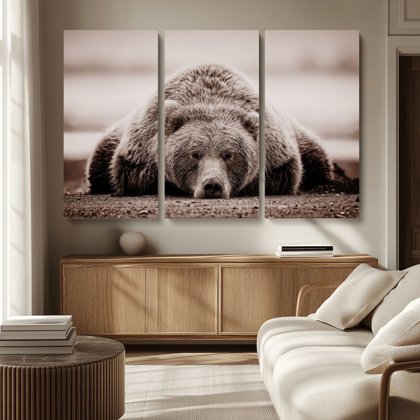 20611-MGV-CV-36X24-Grizzly Bear Wall Art – Majestic Wildlife Sepia Canvas Print, Rustic Nature Animal Artwork for Cabin, Lodge, Living Room, Bedroom,