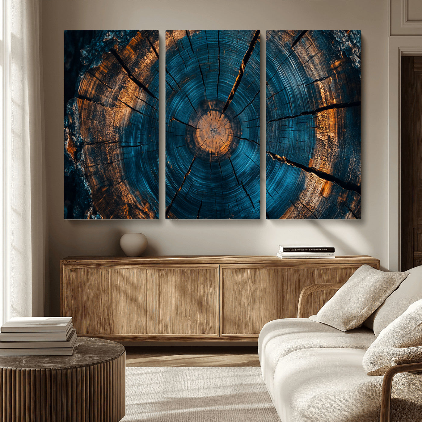 65231-MGV-CV-36X24-Blue and Gold Tree Ring Wall Art – Rustic Abstract Wood Slice Canvas Print, Modern Nature Inspired Artwork for Living Room,