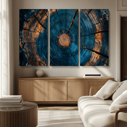 65231-MGV-CV-36X24-Blue and Gold Tree Ring Wall Art – Rustic Abstract Wood Slice Canvas Print, Modern Nature Inspired Artwork for Living Room,