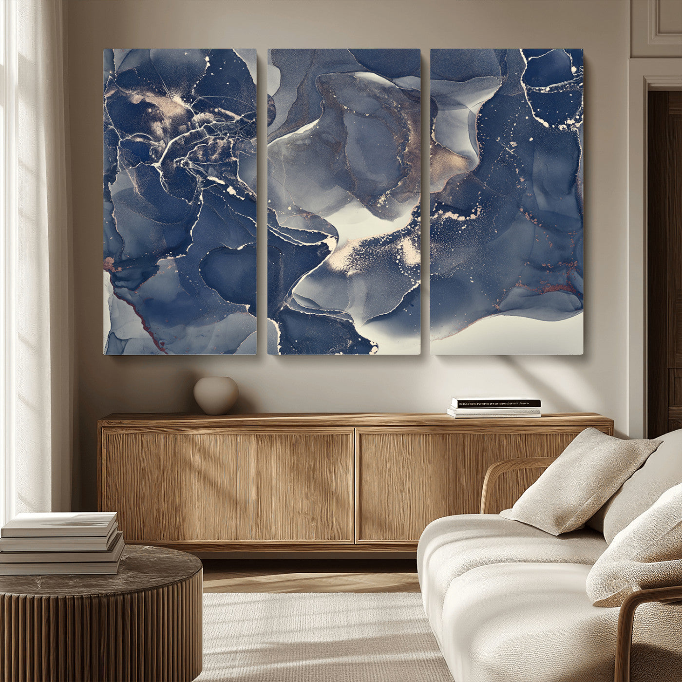 28282-MGV-CV-36X24-Blue Abstract Wall Art – Modern Ink Swirl Canvas Print, Contemporary Navy and Gold Painting for Living Room, Bedroom, Office or