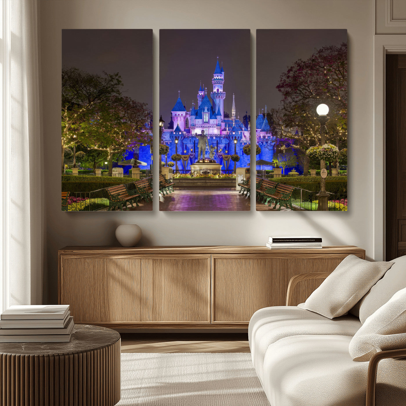 63560-MGV-CV-36X24-Fairy Tale Castle Wall Art – Magical Night Scene Canvas Print with Lights and Gardens, Fantasy Architecture Artwork for Living